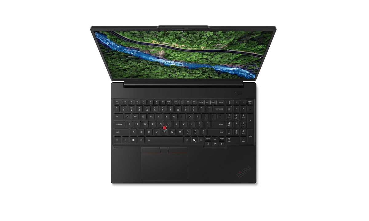 Lenovo ThinkPad P16s Gen 5 Intel mobile workstation, view from above of the open laptop and keyboard