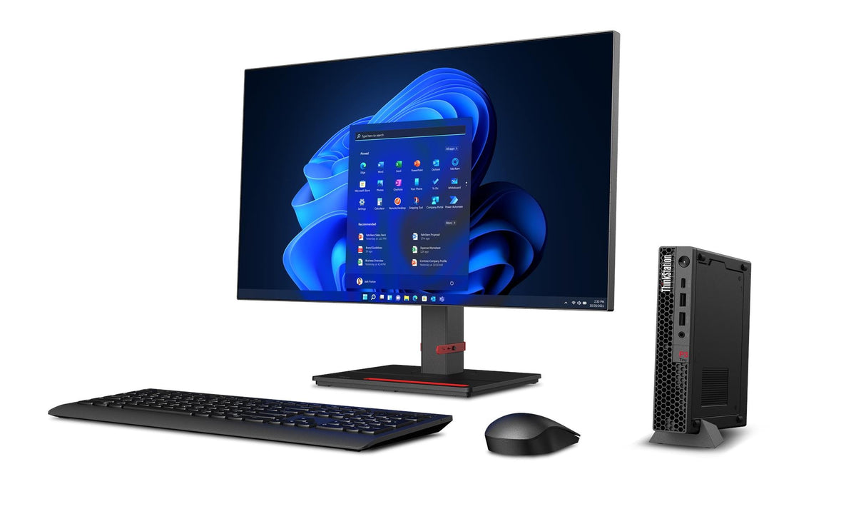 Lenovo ThinkStation P3 Tiny Gen 2 workstation shown beside a monitor, keyboard and mouse in a product illustration