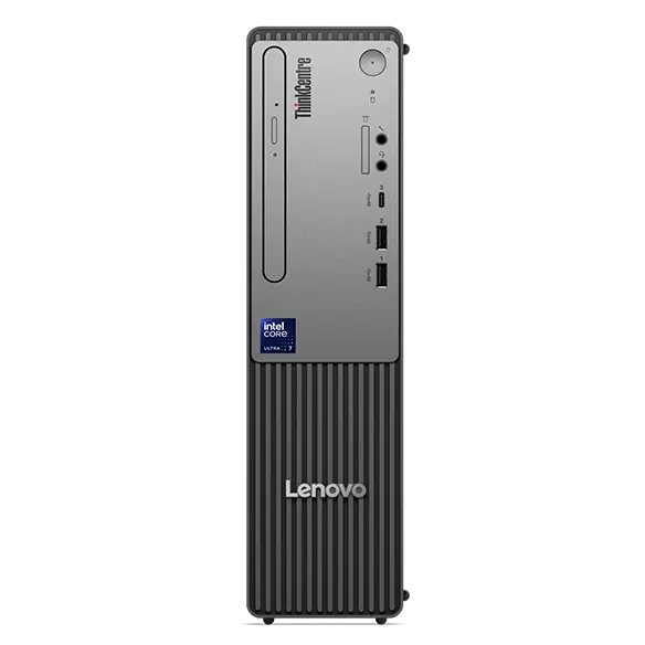 Lenovo ThinkCentre desktop, front view with a silver panel, optical drive and black ventilation grille