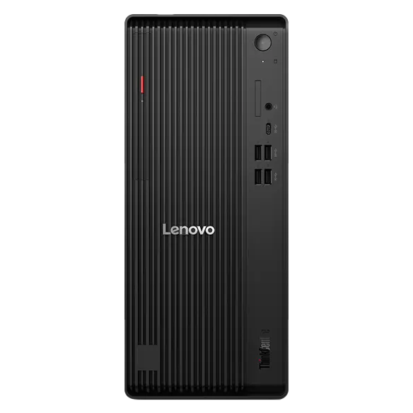 Lenovo ThinkCentre M70t Gen 6 tower desktop, front view showing the black grille, power button and USB ports