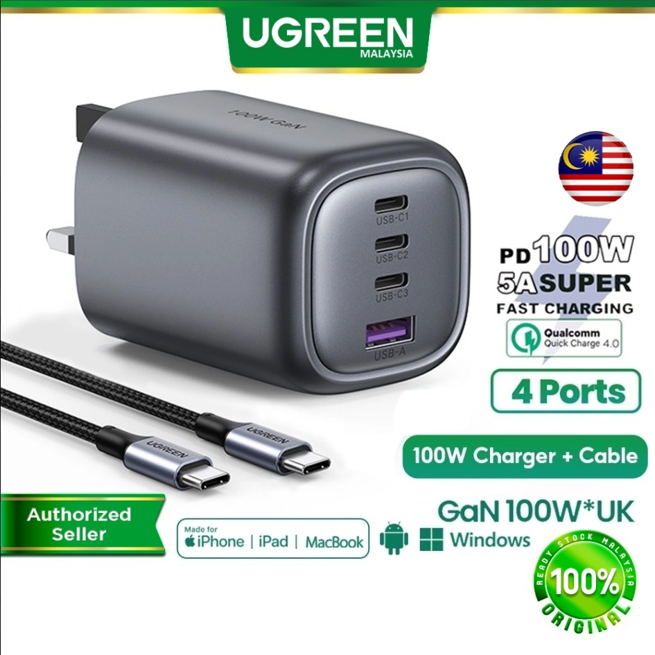 UGREEN NEXODE 100W 3C1A GAN FAST CHARGER + USB-C TO USB-C CABLE 100W 2M (SPACE GRAY) (UG-CD226-15482)