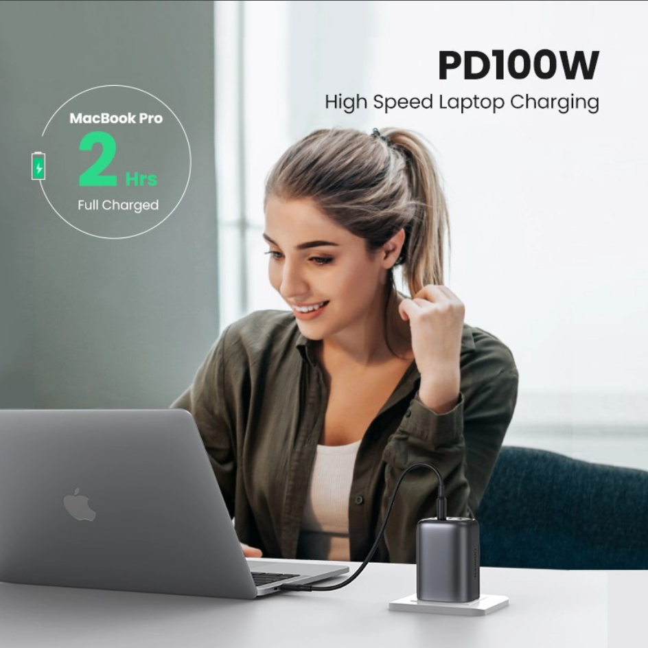UGREEN NEXODE 100W 3C1A GAN FAST CHARGER + USB-C TO USB-C CABLE 100W 2M (SPACE GRAY) (UG-CD226-15482)