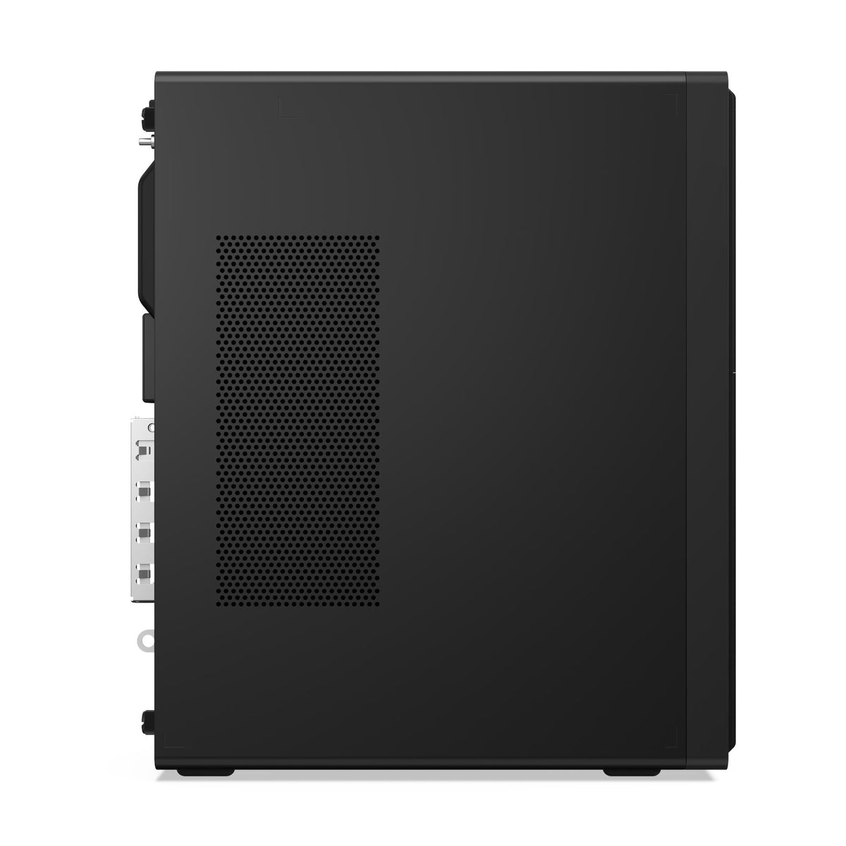 Lenovo ThinkCentre M70t Gen 6 tower desktop, side view of the black chassis with ventilation openings