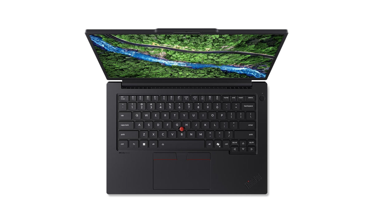 Lenovo ThinkPad P14s Gen 7 Intel mobile workstation, view from above of the open laptop and keyboard