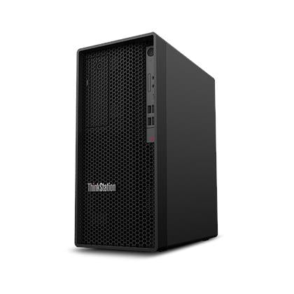 Lenovo ThinkStation P2 Tower Gen 2 workstation, angled front view of the black tower and ventilation grille
