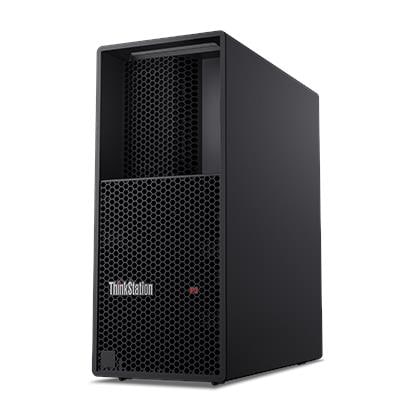 Lenovo ThinkStation P3 Tower Gen 2 workstation, angled front view showing the black tower and ventilation grille