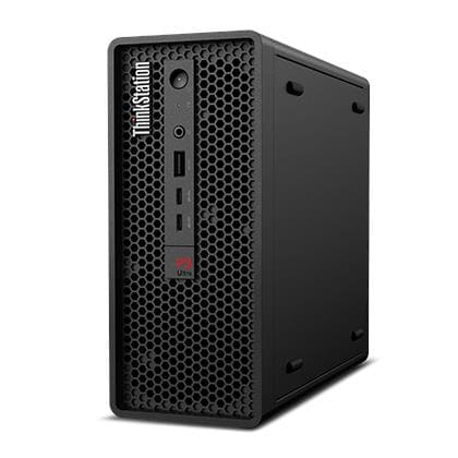 Lenovo ThinkStation P3 Ultra SFF Gen 2 workstation, angled front view of the compact black chassis
