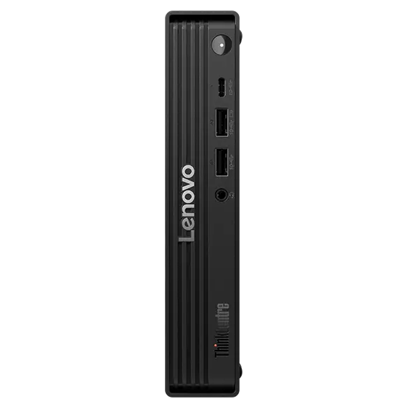 Lenovo ThinkCentre M70q Gen 6 Tiny desktop, front view showing the power button, USB ports and audio socket